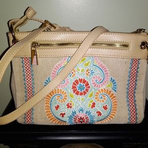 Spartina 449 Daufuskie Island natural linen leather crossbody bag, embroidery.